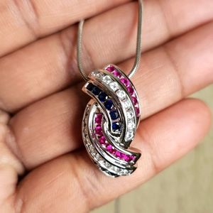 Platinum Technibond Ruby, Sapphire & Cz Pendant on 18in Snake Chain w/ warranty